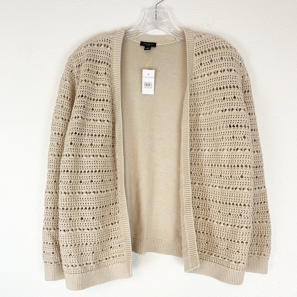 Ann Taylor Factory Sweater Large Cardigan Boho Cottagecore Peasant Beige Grandma